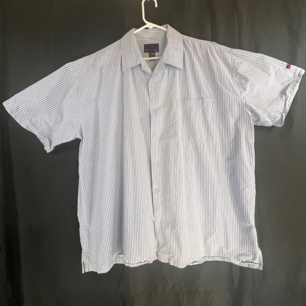 FUBU The Collection Men 4X Short Sleeve Striped Button Up Shirt Vintage Blue Red